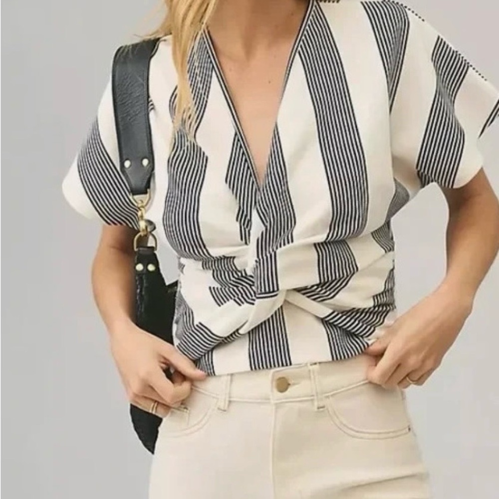 bishop + young Black & White Striped Twist-Front V-Neck Top